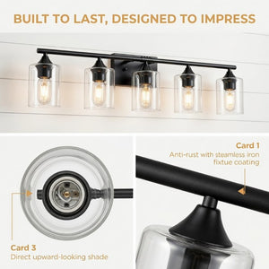 English Elm 5-Light Matte Black Vanity Bar Fixture with Cylinder Glass Shades for Wide Bathroom Mirrors W5735P539029