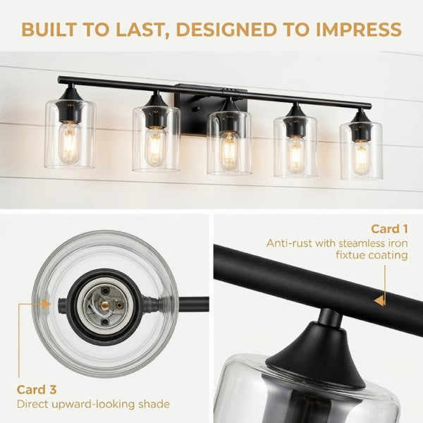 English Elm 5-Light Matte Black Vanity Bar Fixture with Cylinder Glass Shades for Wide Bathroom Mirrors W5735P539029
