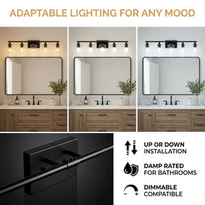 English Elm 5-Light Matte Black Vanity Bar Fixture with Cylinder Glass Shades for Wide Bathroom Mirrors W5735P539029