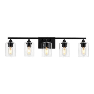 English Elm 5-Light Matte Black Vanity Bar Fixture with Cylinder Glass Shades for Wide Bathroom Mirrors W5735P539029