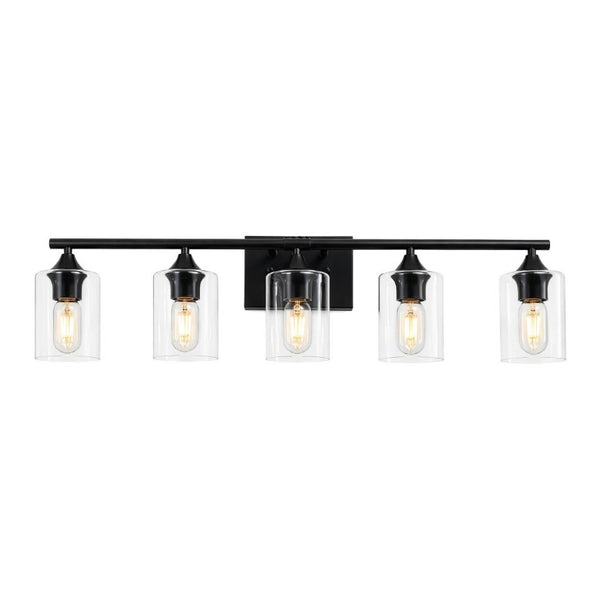 English Elm 5-Light Matte Black Vanity Bar Fixture with Cylinder Glass Shades for Wide Bathroom Mirrors W5735P539029