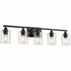 English Elm 5-Light Matte Black Vanity Bar Fixture with Cylinder Glass Shades for Wide Bathroom Mirrors W5735P539029