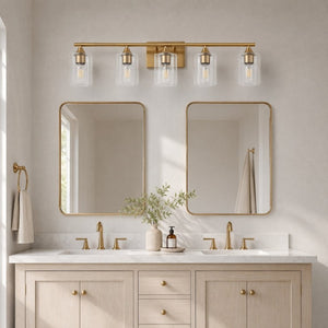 English Elm 5-Light Brushed Nickel Vanity Wall Fixture Clear Cylinder Shades for Modern Bath Gold W5735P539030