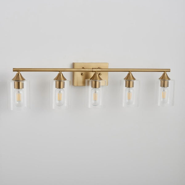 English Elm 5-Light Brushed Nickel Vanity Wall Fixture Clear Cylinder Shades for Modern Bath Gold W5735P539030