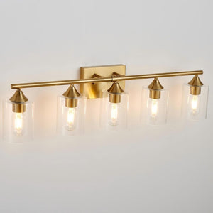 English Elm 5-Light Brushed Nickel Vanity Wall Fixture Clear Cylinder Shades for Modern Bath Gold W5735P539030