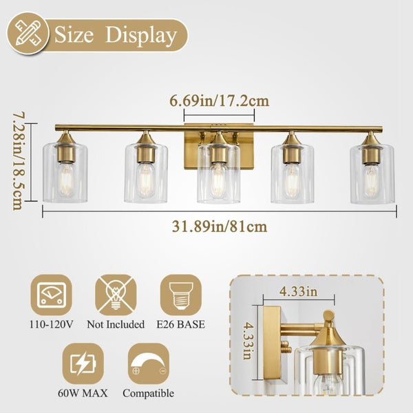 English Elm 5-Light Brushed Nickel Vanity Wall Fixture Clear Cylinder Shades for Modern Bath Gold W5735P539030
