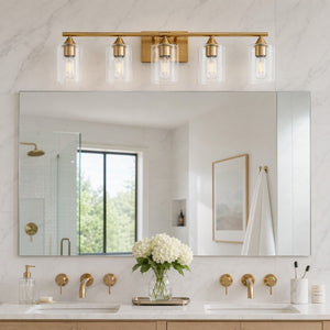 English Elm 5-Light Brushed Nickel Vanity Wall Fixture Clear Cylinder Shades for Modern Bath Gold W5735P539030