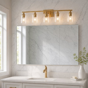 English Elm 5-Light Brushed Nickel Vanity Wall Fixture Clear Cylinder Shades for Modern Bath Gold W5735P539030