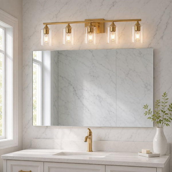 English Elm 5-Light Brushed Nickel Vanity Wall Fixture Clear Cylinder Shades for Modern Bath Gold W5735P539030