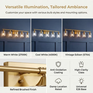English Elm 5-Light Brushed Nickel Vanity Wall Fixture Clear Cylinder Shades for Modern Bath Gold W5735P539030