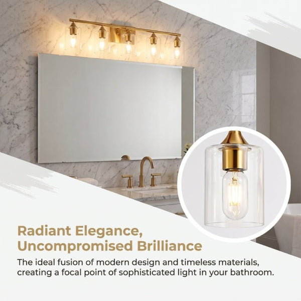 English Elm 5-Light Brushed Nickel Vanity Wall Fixture Clear Cylinder Shades for Modern Bath Gold W5735P539030