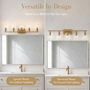 English Elm 5-Light Brushed Nickel Vanity Wall Fixture Clear Cylinder Shades for Modern Bath Gold W5735P539030