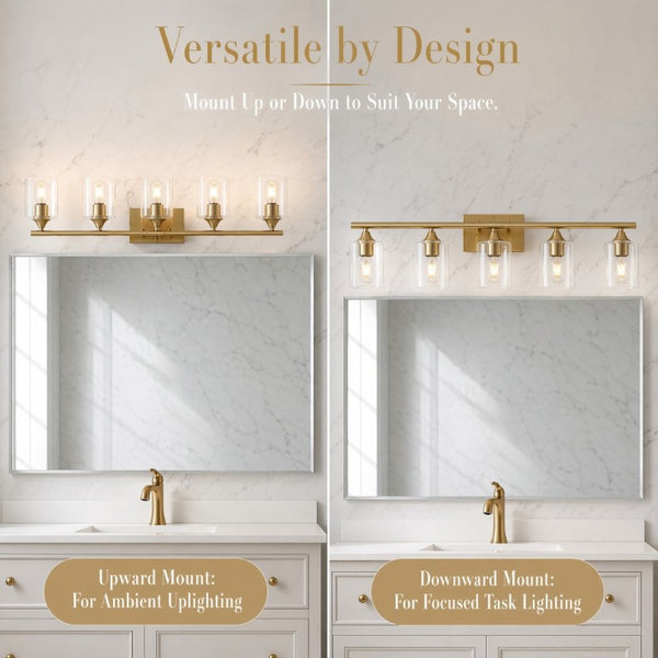 English Elm 5-Light Brushed Nickel Vanity Wall Fixture Clear Cylinder Shades for Modern Bath Gold W5735P539030