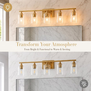 English Elm 5-Light Brushed Nickel Vanity Wall Fixture Clear Cylinder Shades for Modern Bath Gold W5735P539030