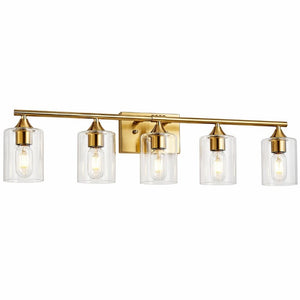 English Elm 5-Light Brushed Nickel Vanity Wall Fixture Clear Cylinder Shades for Modern Bath Gold W5735P539030