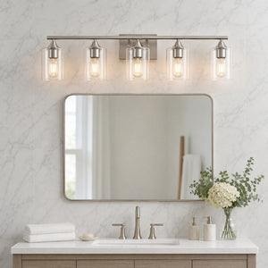 English Elm 5-Light Brushed Nickel Vanity Wall Fixture Clear Cylinder Shades for Modern Bath Silver W5735P539031