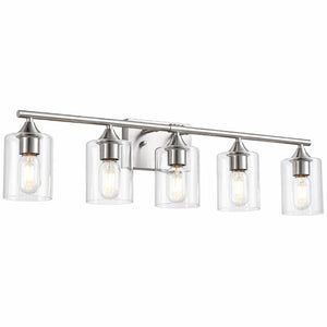 English Elm 5-Light Brushed Nickel Vanity Wall Fixture Clear Cylinder Shades for Modern Bath Silver W5735P539031