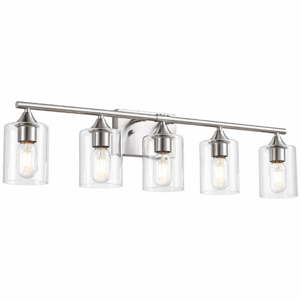 English Elm 5-Light Brushed Nickel Vanity Wall Fixture Clear Cylinder Shades for Modern Bath Silver W5735P539031