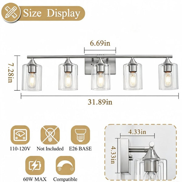 English Elm 5-Light Brushed Nickel Vanity Wall Fixture Clear Cylinder Shades for Modern Bath Silver W5735P539031