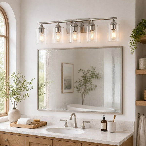 English Elm 5-Light Brushed Nickel Vanity Wall Fixture Clear Cylinder Shades for Modern Bath Silver W5735P539031