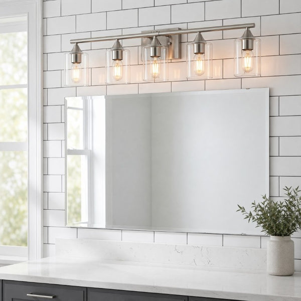 English Elm 5-Light Brushed Nickel Vanity Wall Fixture Clear Cylinder Shades for Modern Bath Silver W5735P539031