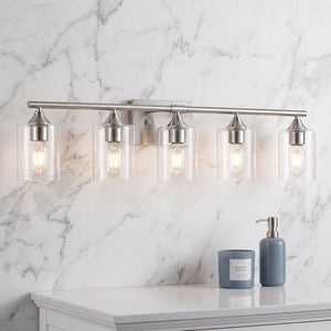 English Elm 5-Light Brushed Nickel Vanity Wall Fixture Clear Cylinder Shades for Modern Bath Silver W5735P539031