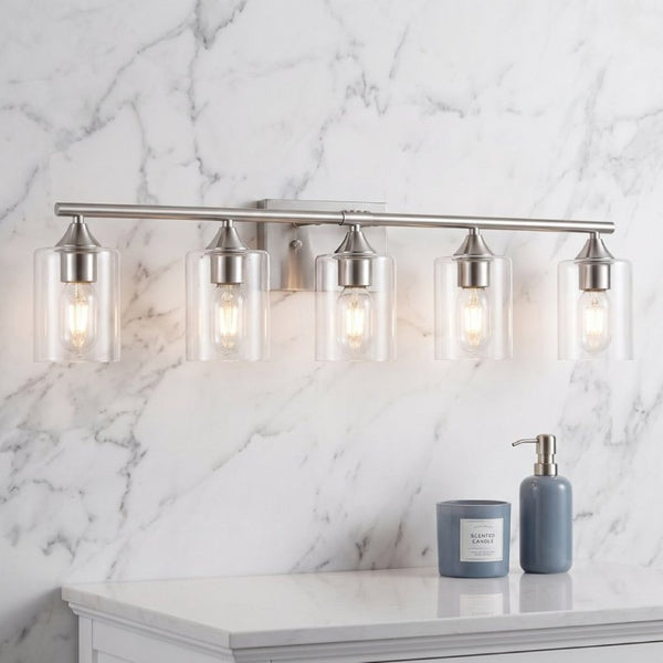 English Elm 5-Light Brushed Nickel Vanity Wall Fixture Clear Cylinder Shades for Modern Bath Silver W5735P539031