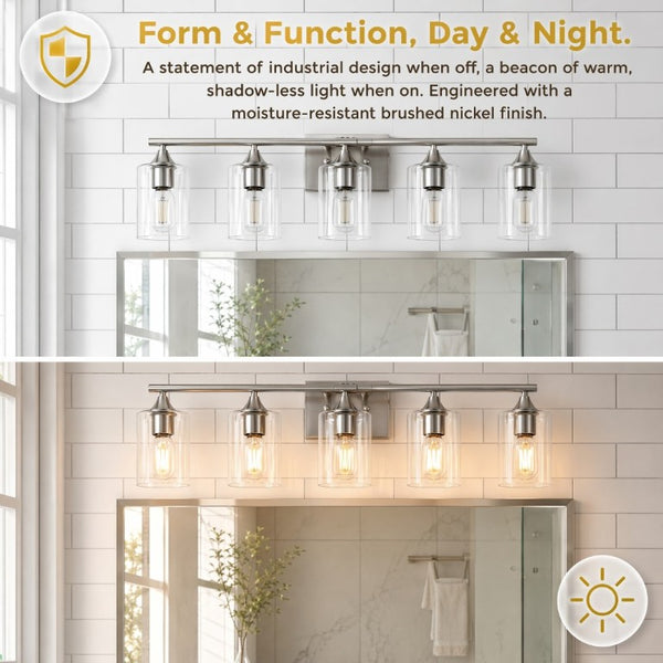 English Elm 5-Light Brushed Nickel Vanity Wall Fixture Clear Cylinder Shades for Modern Bath Silver W5735P539031