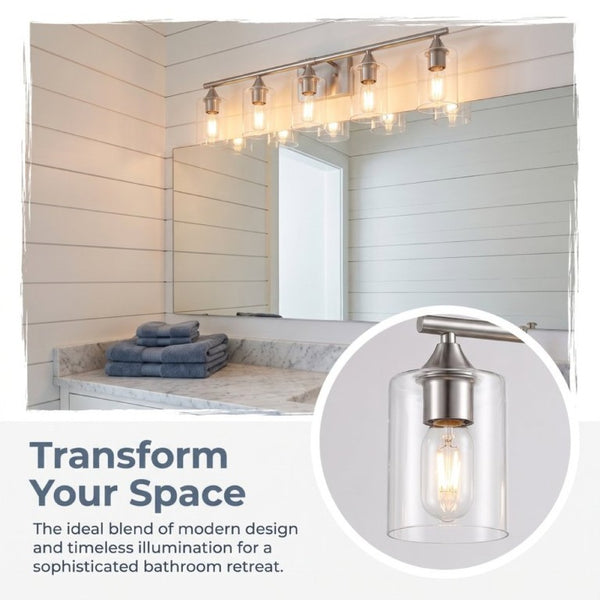 English Elm 5-Light Brushed Nickel Vanity Wall Fixture Clear Cylinder Shades for Modern Bath Silver W5735P539031