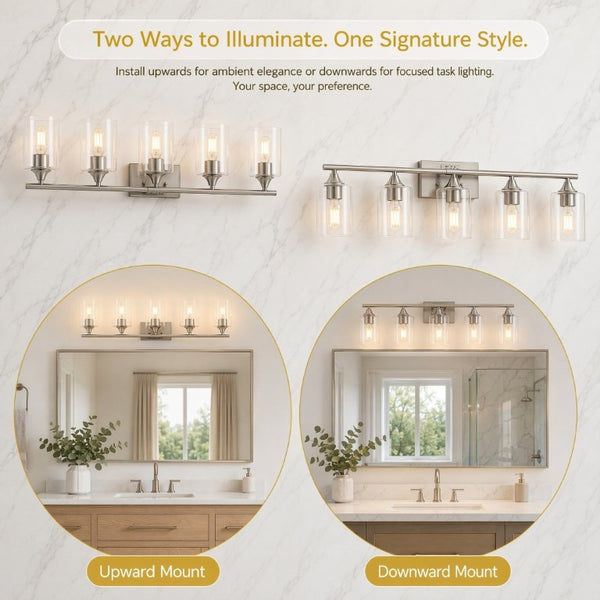 English Elm 5-Light Brushed Nickel Vanity Wall Fixture Clear Cylinder Shades for Modern Bath Silver W5735P539031