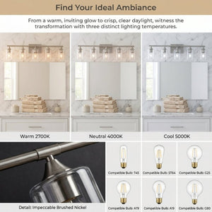 English Elm 5-Light Brushed Nickel Vanity Wall Fixture Clear Cylinder Shades for Modern Bath Silver W5735P539031