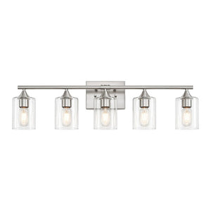 English Elm 5-Light Brushed Nickel Vanity Wall Fixture Clear Cylinder Shades for Modern Bath Silver W5735P539031