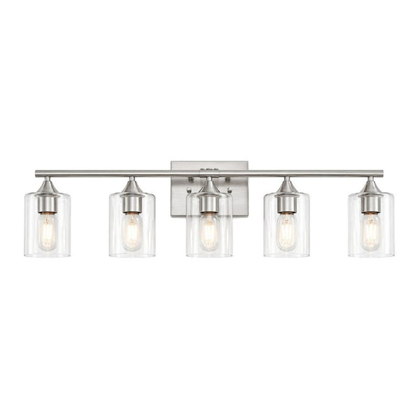 English Elm 5-Light Brushed Nickel Vanity Wall Fixture Clear Cylinder Shades for Modern Bath Silver W5735P539031