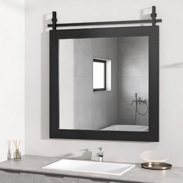 English Elm Farmhouse Square Wall Mirror Faux Wood Frame with Black Metal Barn Bracket Detail W5765P515808