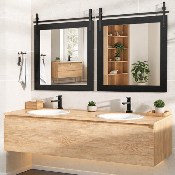English Elm Farmhouse Square Wall Mirror Faux Wood Frame with Black Metal Barn Bracket Detail W5765P515808
