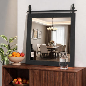 English Elm Farmhouse Square Wall Mirror Faux Wood Frame with Black Metal Barn Bracket Detail W5765P515808