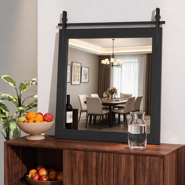 English Elm Farmhouse Square Wall Mirror Faux Wood Frame with Black Metal Barn Bracket Detail W5765P515808