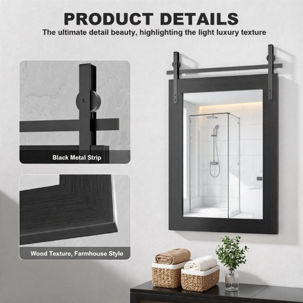 English Elm Farmhouse Square Wall Mirror Faux Wood Frame with Black Metal Barn Bracket Detail W5765P515808
