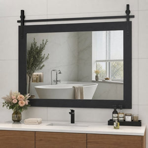 English Elm Farmhouse Rectangular Wall Mirror with Faux Wood Grain Frame and Black Metal Barn Accents W5765P515809