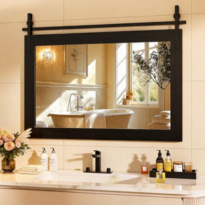 English Elm Farmhouse Rectangular Wall Mirror with Faux Wood Grain Frame and Black Metal Barn Accents W5765P515809