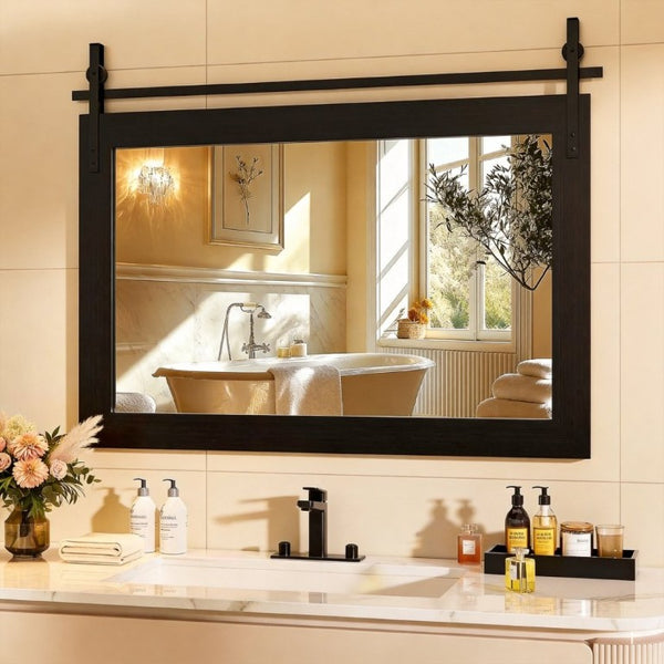 English Elm Farmhouse Rectangular Wall Mirror with Faux Wood Grain Frame and Black Metal Barn Accents W5765P515809