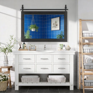 English Elm Farmhouse Rectangular Wall Mirror with Faux Wood Grain Frame and Black Metal Barn Accents W5765P515809
