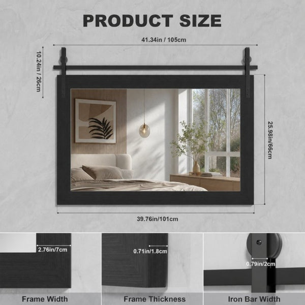 English Elm Farmhouse Rectangular Wall Mirror with Faux Wood Grain Frame and Black Metal Barn Accents W5765P515809