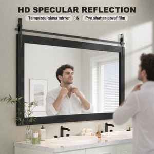 English Elm Farmhouse Rectangular Wall Mirror with Faux Wood Grain Frame and Black Metal Barn Accents W5765P515809