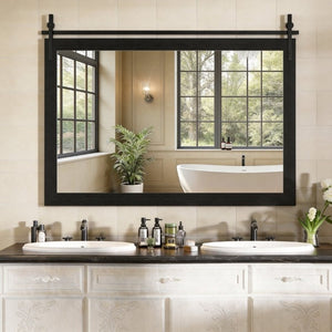 English Elm Farmhouse Barn Door Style Vanity Mirror Faux Wood Frame Black Metal Accents 55X36 W5765P515810