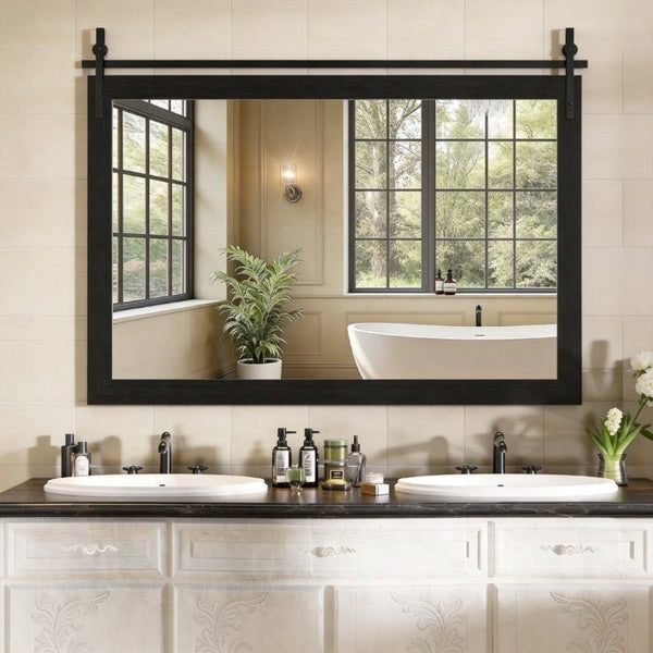 English Elm Farmhouse Barn Door Style Vanity Mirror Faux Wood Frame Black Metal Accents 55X36 W5765P515810
