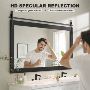English Elm Farmhouse Barn Door Style Vanity Mirror Faux Wood Frame Black Metal Accents 55X36 W5765P515810