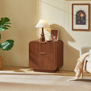 English Elm Modern Fluted Two Drawer Nightstand with Gold Pulls and Sculptural Curved Edges Walnut W5767P502995
