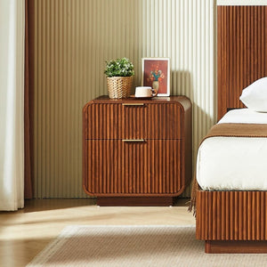 English Elm Modern Fluted Two Drawer Nightstand with Gold Pulls and Sculptural Curved Edges Walnut W5767P502995