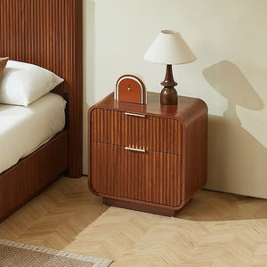 English Elm Modern Fluted Two Drawer Nightstand with Gold Pulls and Sculptural Curved Edges Walnut W5767P502995